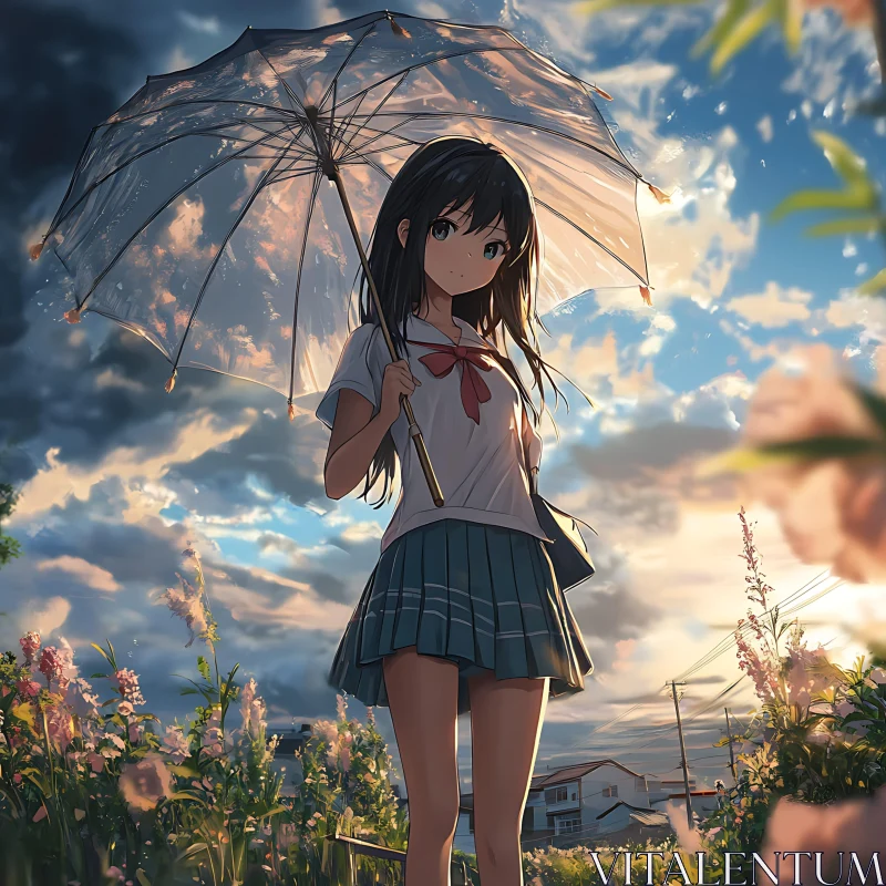 Sunset Scene with Anime Girl and Flowers