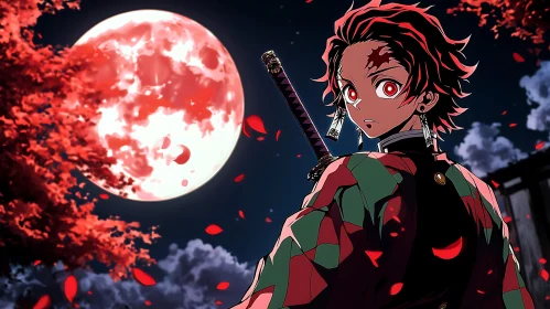Vivid Night Scene of Samurai and Full Moon