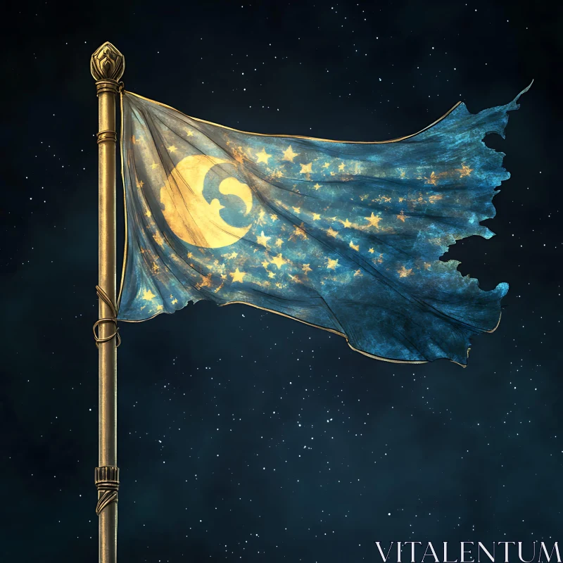 Flag with Moon and Stars in Night Sky