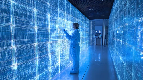 Scientist Interacting with Digital Data Wall