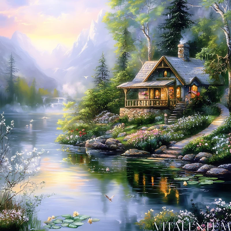 Idyllic Lakeside Cabin Retreat Artwork AI Image