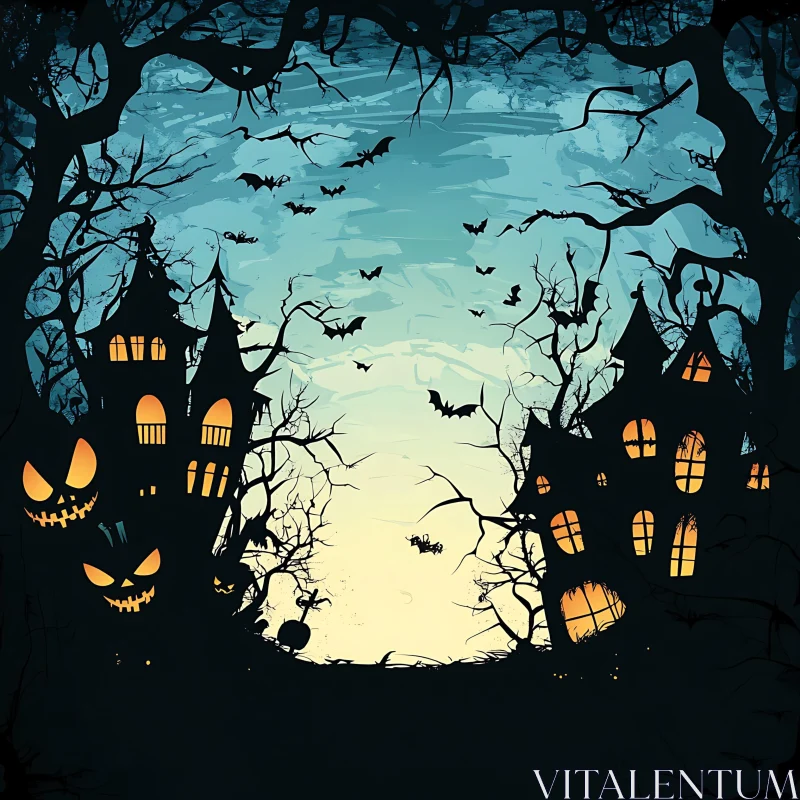 Halloween Night with Haunted Houses and Bats
