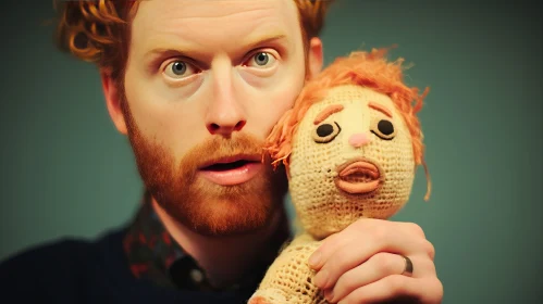 Redhead Actor with Plush Doll in Soft-Focus Art