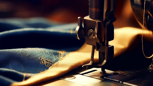 Vintage Sewing Machine with Luxurious Blue Fabric