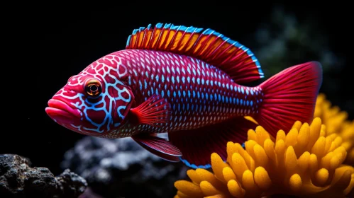 Vivid Underwater Exploration: Colorful Fish Navigates Dark Coral Reef