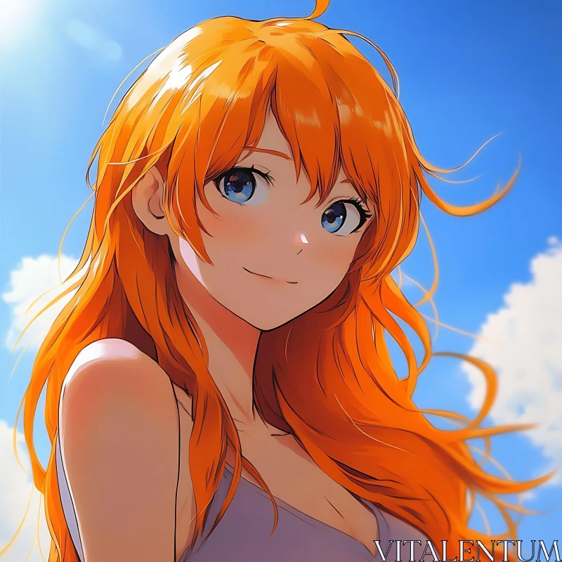 Anime Girl with Orange Hair in Sunlit Sky AI Image