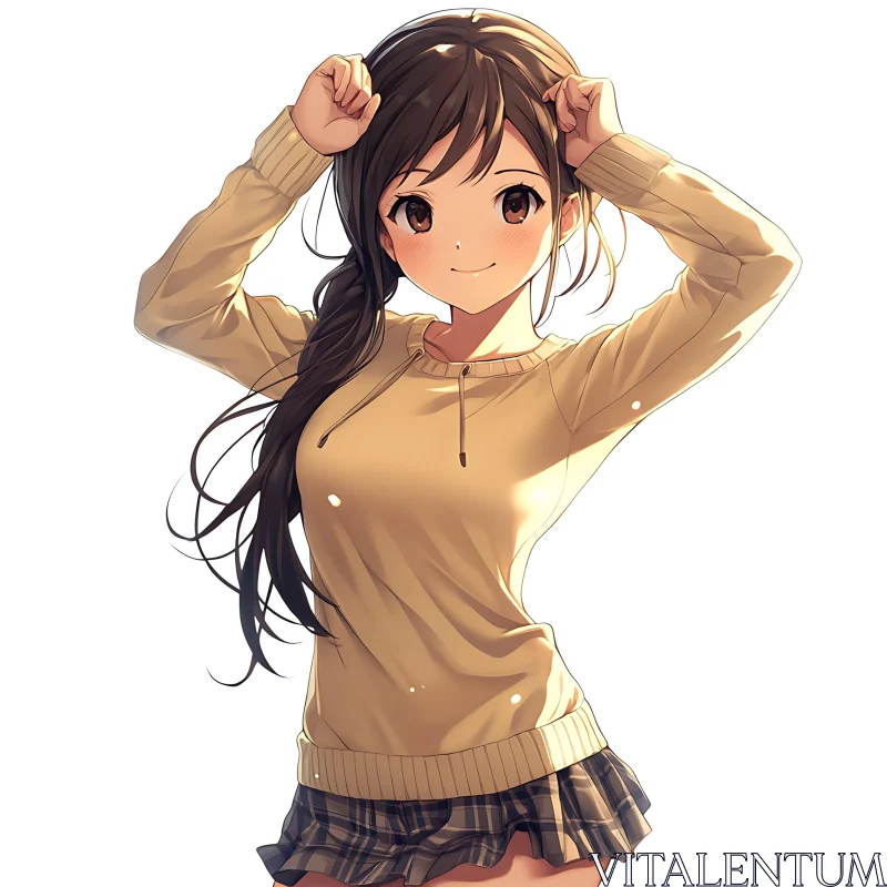 Anime Girl with Long Brown Hair in Beige Outfit AI Image