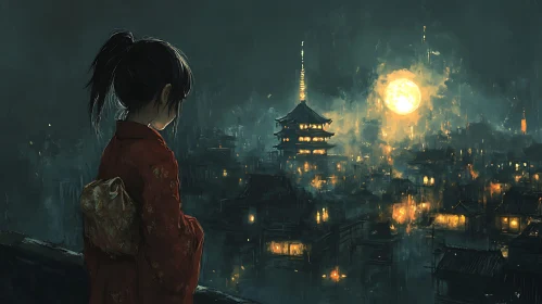 Moonlit Night Over Traditional City with Kimono-clad Figure