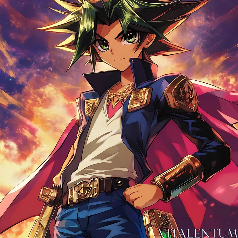 Anime Hero with Spiky Hair and Detailed Attire AI Image