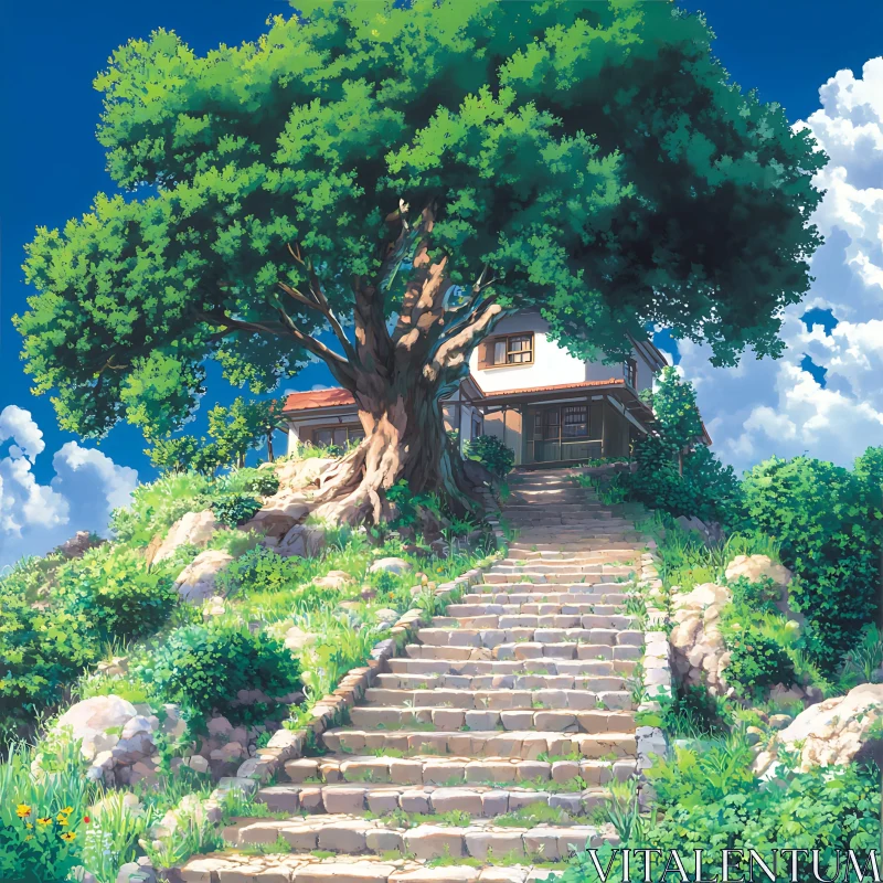 AI ART Hillside Tree and Quaint House Scene