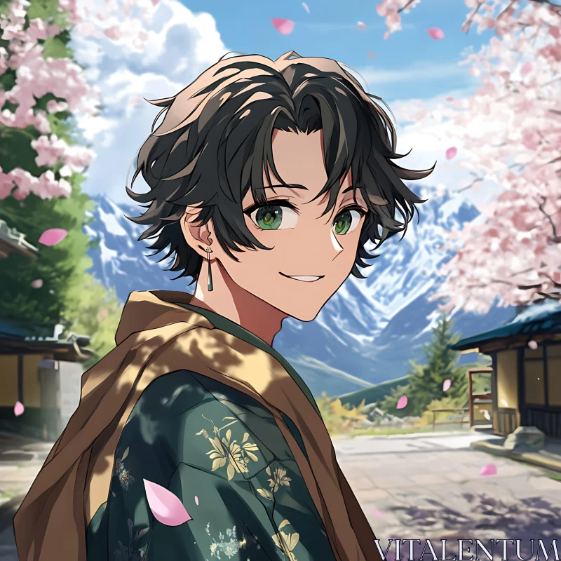 Anime Character in Serene Mountain Landscape AI Image