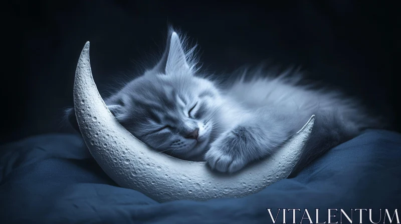 AI ART Cute Gray Kitten on Crescent Moon