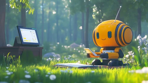 Robot in Forest Working on Laptop