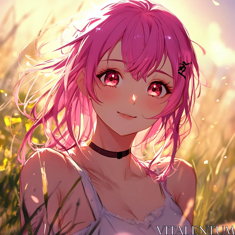 Sunlit Anime Girl with Pink Hair AI Image