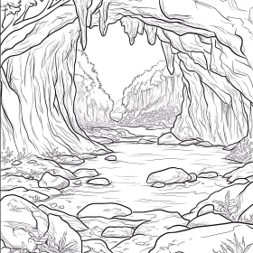 Cave and Stream Pencil Drawing