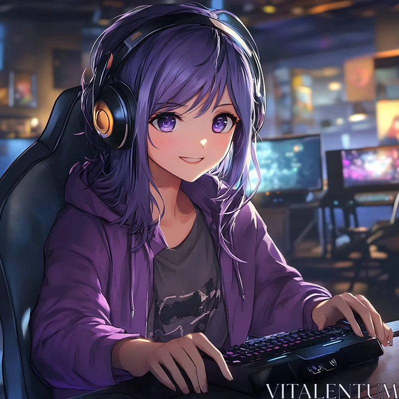 Anime Streamer Girl in Gaming Setup AI Image