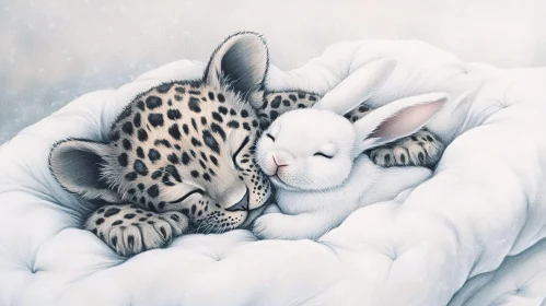 Leopard and Rabbit Cuddling in Dreamland