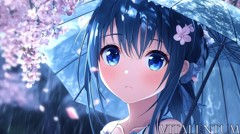 Sad Anime Girl with Umbrella and Blooming Cherry Blossoms AI Image