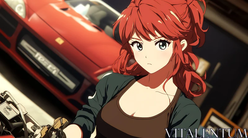 Determined Anime Girl and Red Sports Car AI Image