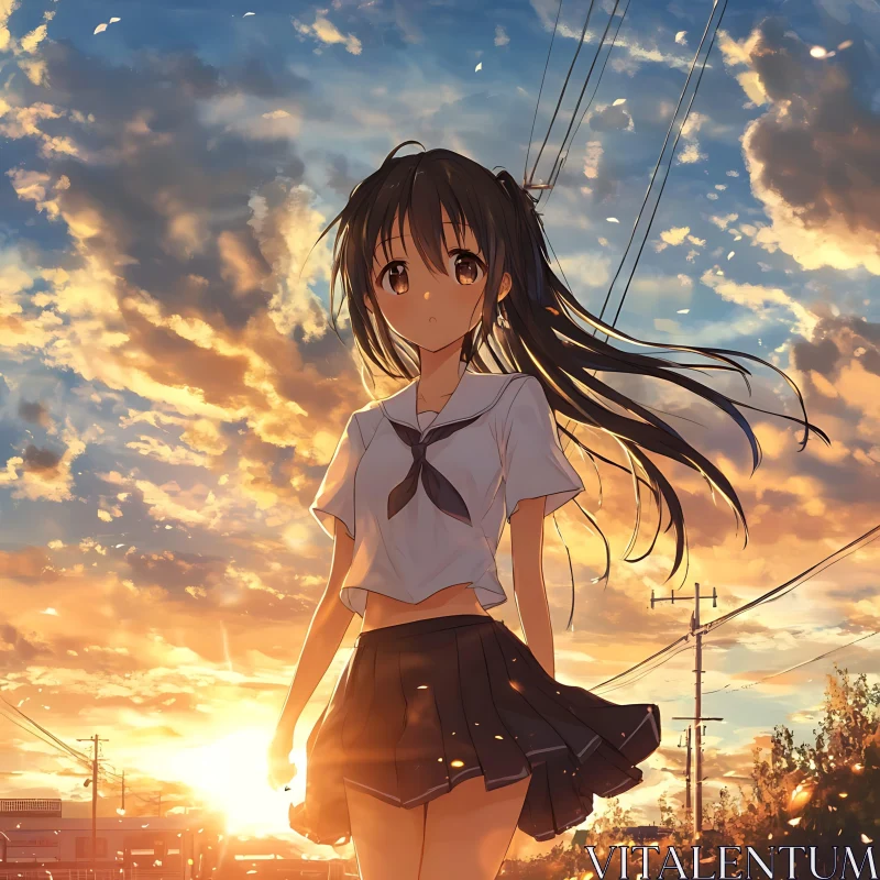 Anime Sunset with School Girl AI Image