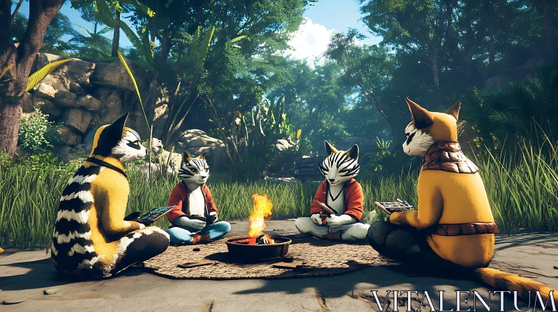 Cats Around Campfire AI Image