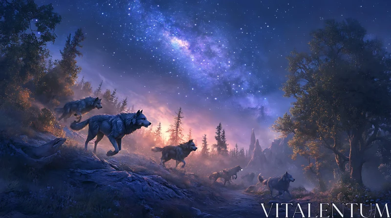 AI ART Night wolves pack under stars