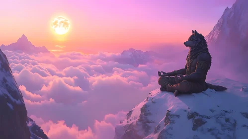 Serene Wolf Meditating at Mountain Peak