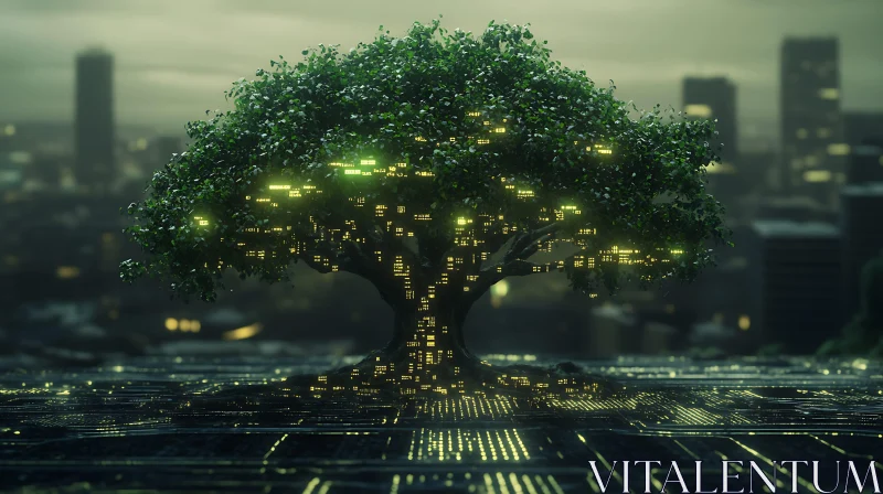 Glowing Circuit Tree in Urban Setting AI Image