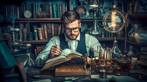 Man Reading Book in Old Lab