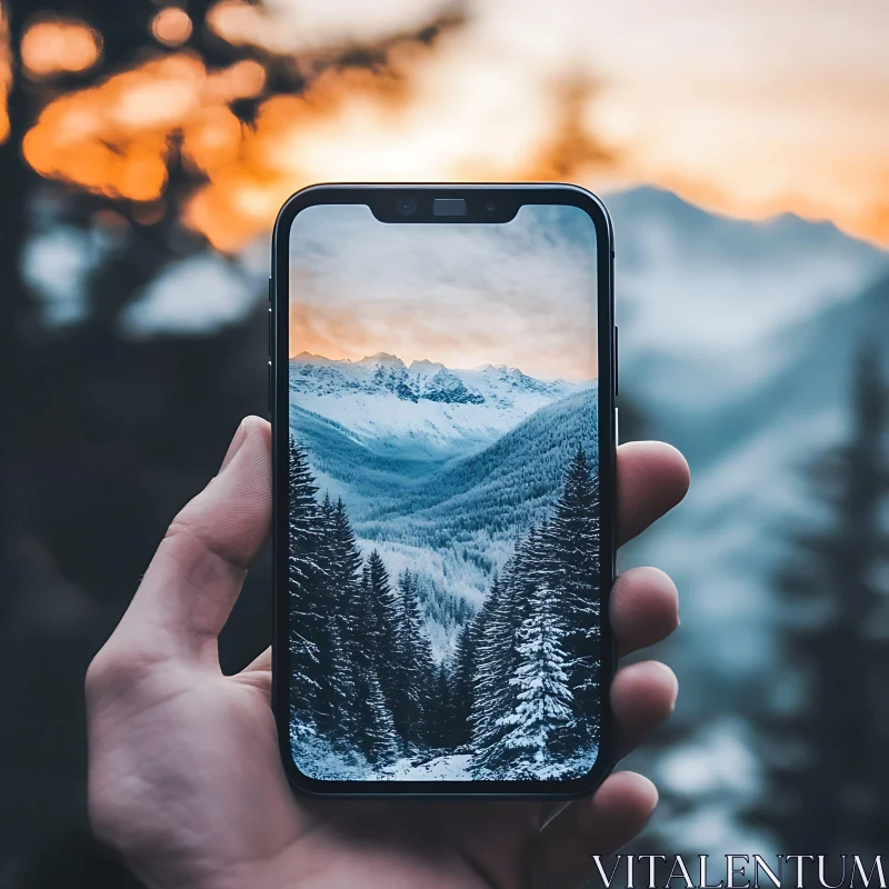 Snowy Peaks Displayed on Mobile Device AI Image