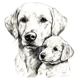 Black-and-White Dog and Puppy Pen Drawing