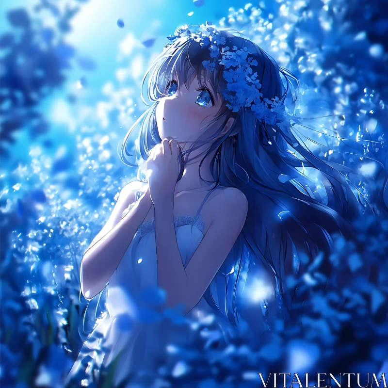 Ethereal Blue Anime Flower Field AI Image