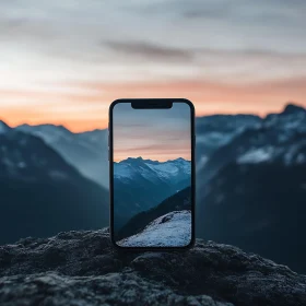 Phone Displaying Mountain Landscape at Dusk