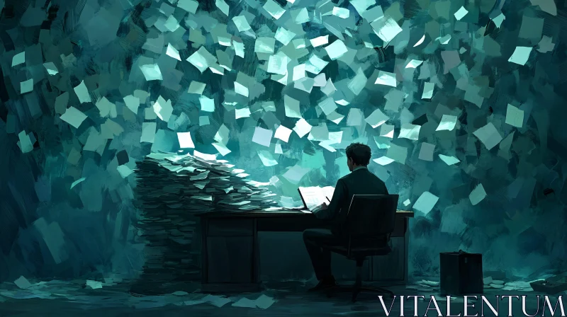 Office worker drowning in paperwork AI Image