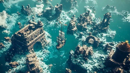 Submerged City with Sailing Ship