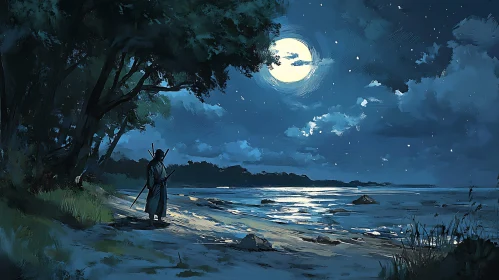 Figure on Beach Under Moonlight