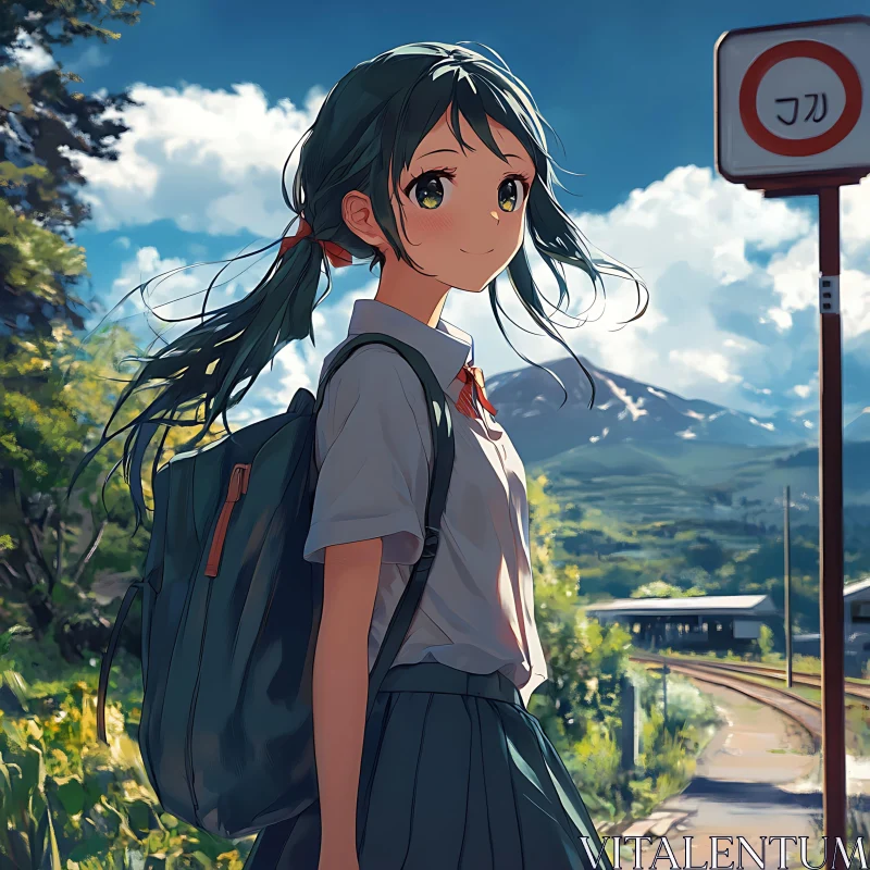 School Girl in Scenic Anime Landscape AI Image