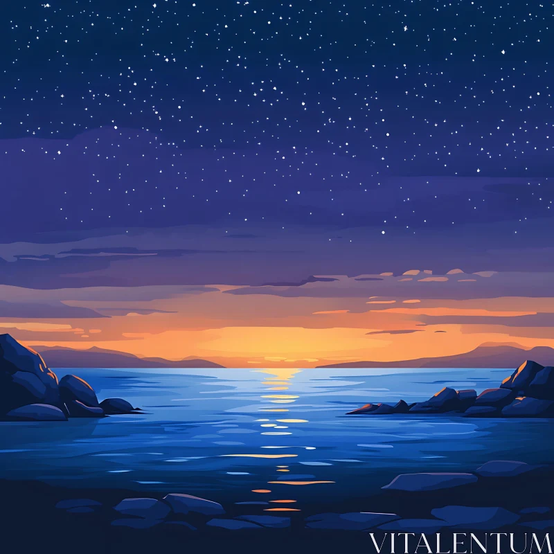 AI ART Night Seascape with Starry Sky and Sunset