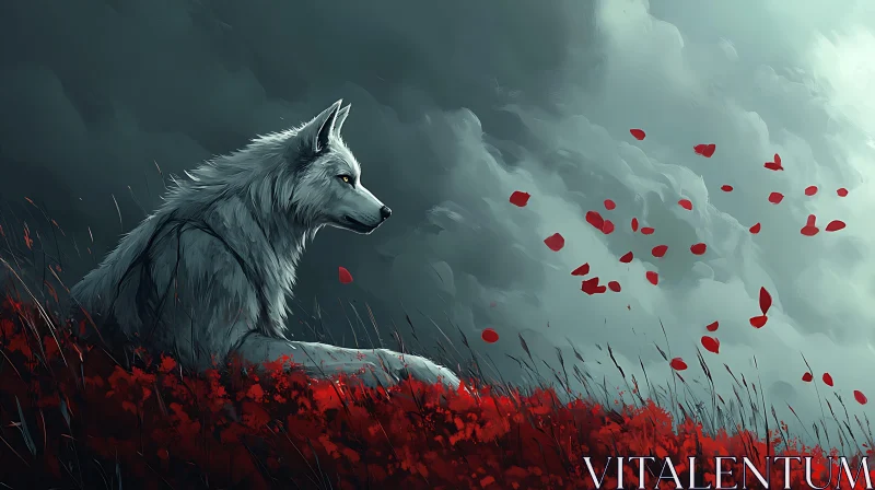 Lone Wolf in a Crimson Meadow AI Image