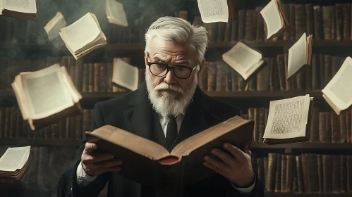 Man Reading in Library with Flying Books