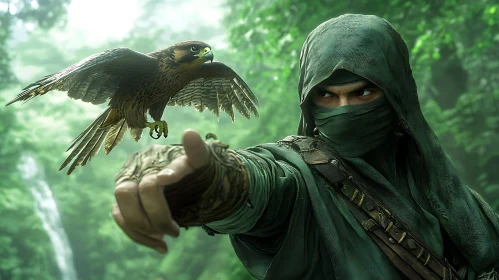 Hooded Warrior and Falcon in Green Forest