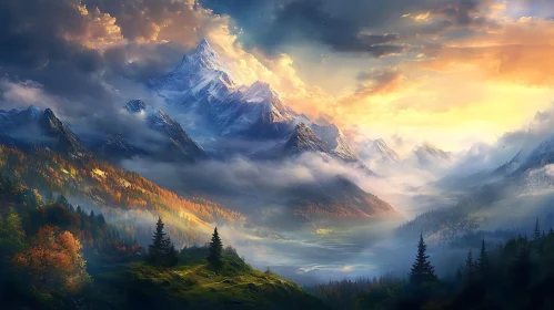 Mountainous Landscape with Golden Sky