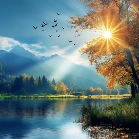 Mountain Lake with Birds in Flight