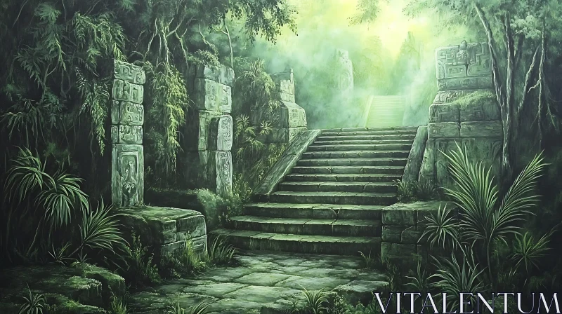 Mysterious Stone Stairs in Ancient Jungle Ruins AI Image