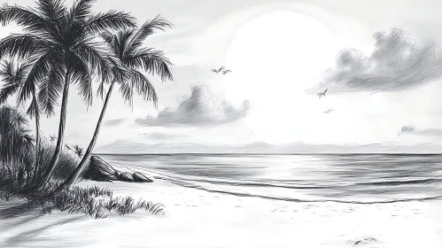 Monochrome Beach with Palm Trees