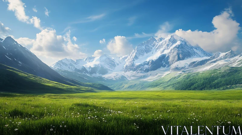 Snowy Peaks Above Green Valley Vista AI Image