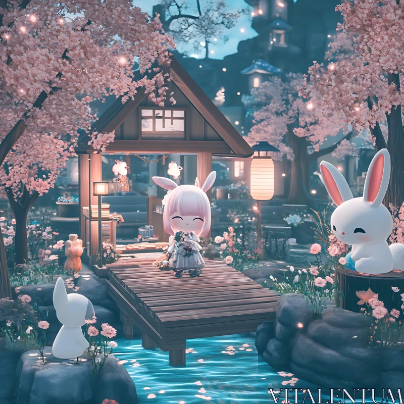 Dreamy Anime Rabbit Blossom Scene AI Image