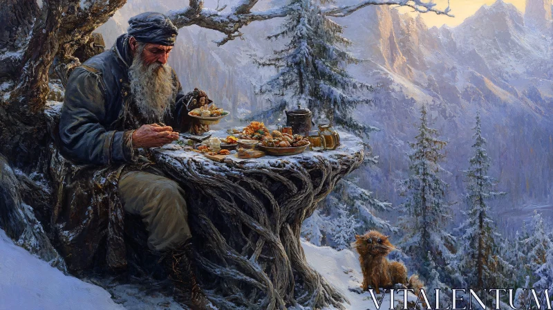 Snowy Meal with a Cat AI Image