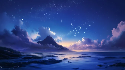 Tranquil Night Sea with Mountain View