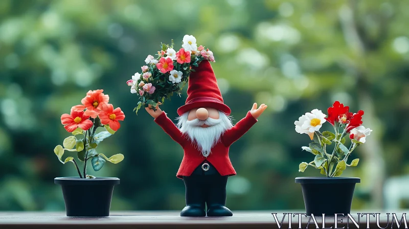 Happy Gnome with Floral Bouquet AI Image